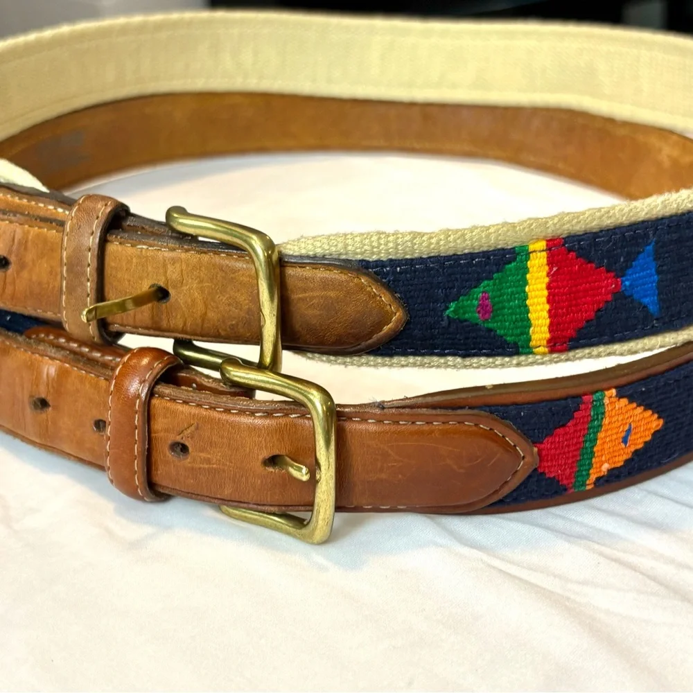 Orvis Brown Leather & Navy Embroidered Fish Belts BUNDLE OF 2 TOTAL